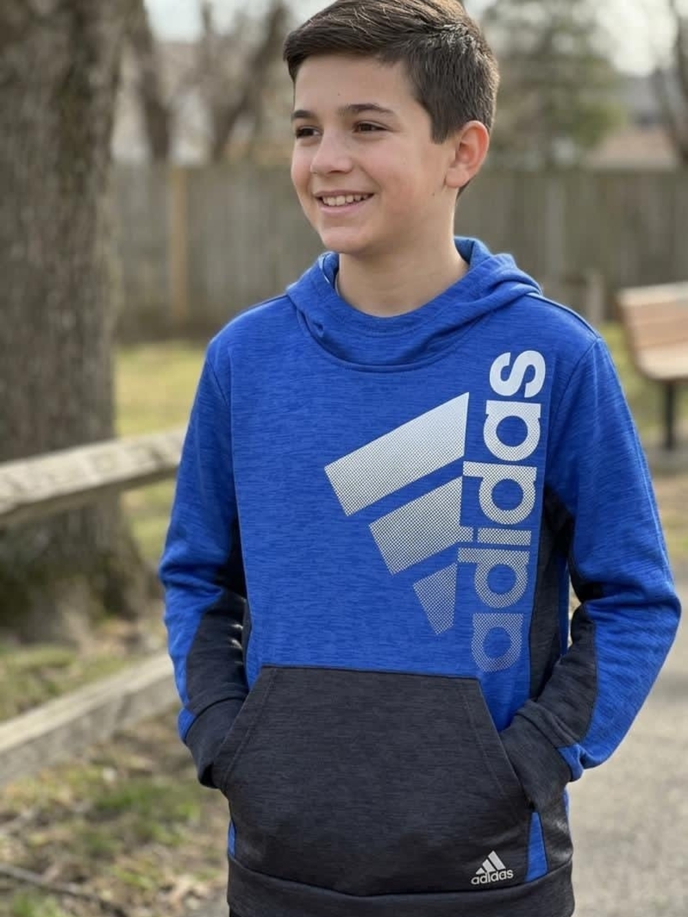 adidas Blue & Charcoal Graphic Pullover Hoodie • Size 14